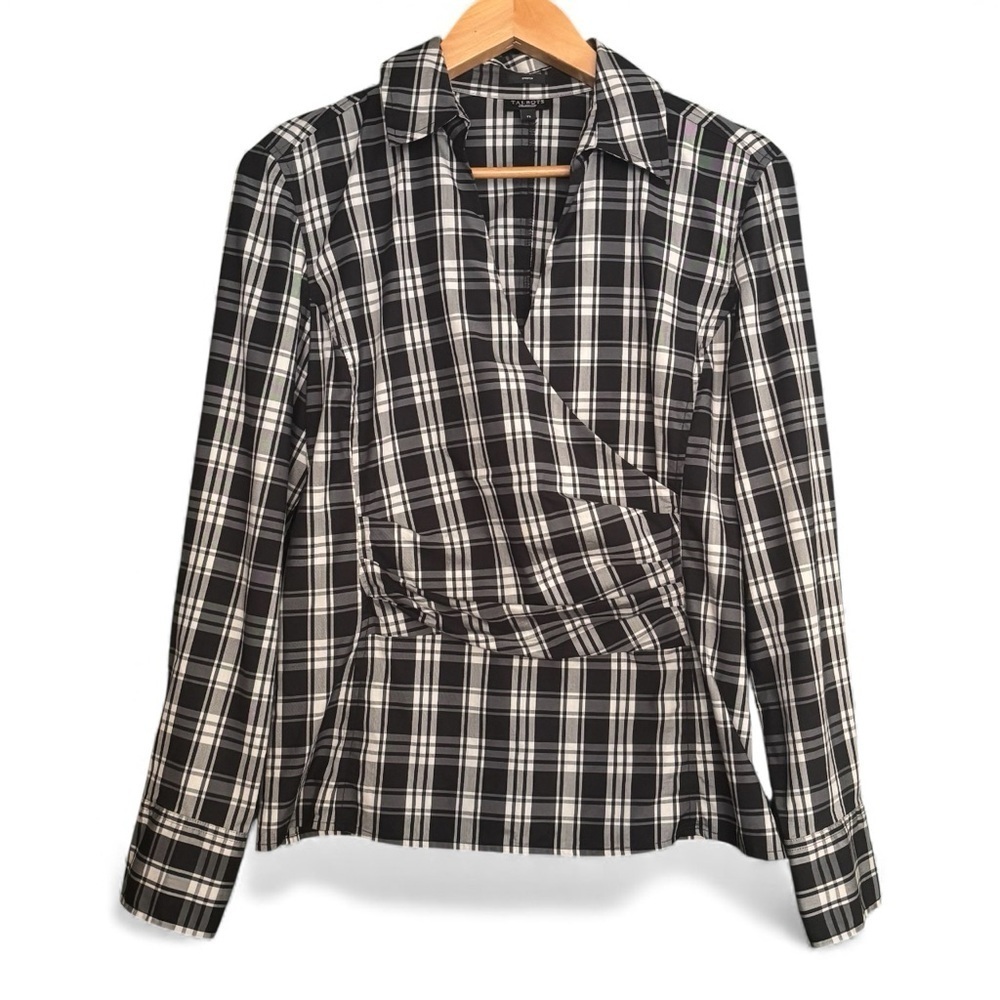 Talbots Holiday Black and White Plaid Faux Wrap Stretch Blouse Top – Size 12